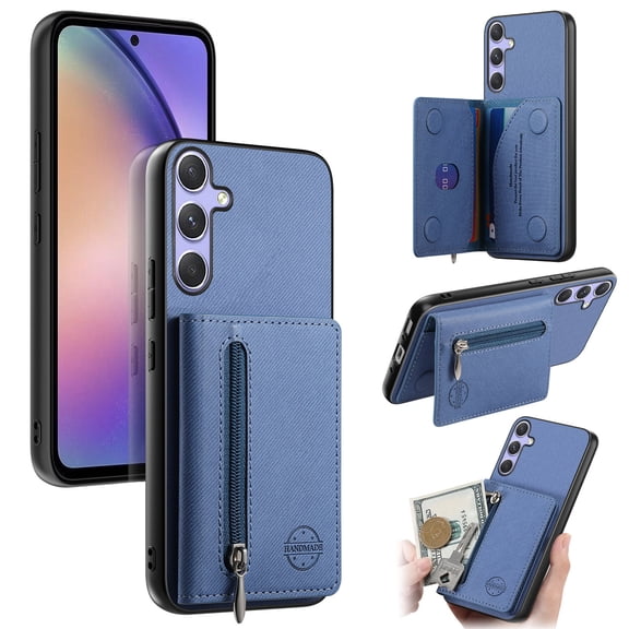 for Samsung Galaxy S24 Wallet Case, Classic Denim Texture PU Leather RFID Blocking Zipper Pocket Card Slots with Kickstand, Shockproof Anti-Scratch Protective Magnetic Anti-Slip Back Case, Blue