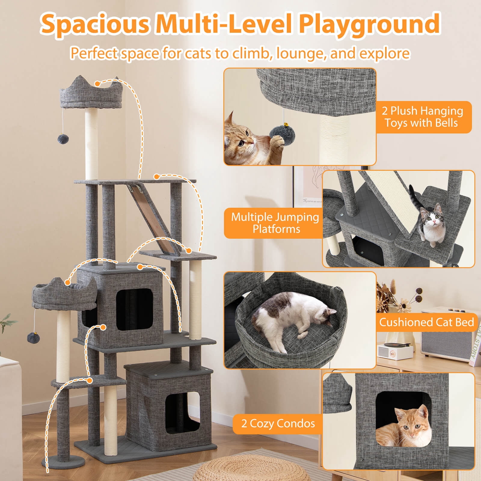 Infans 71" Tall Cat Tree for Indoor Cats Modern Multi-Level Cat Tower Activity Center