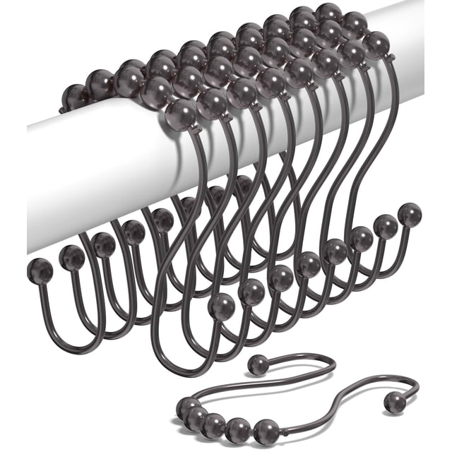 Ganchos dobles para cortina de ducha a prueba de óxido (juego de 12) – Ganchos de baño de bronce de acero inoxidable para cortina de ducha con bolas de rodillo deslizantes sin esfuerzo – Ganchos de du