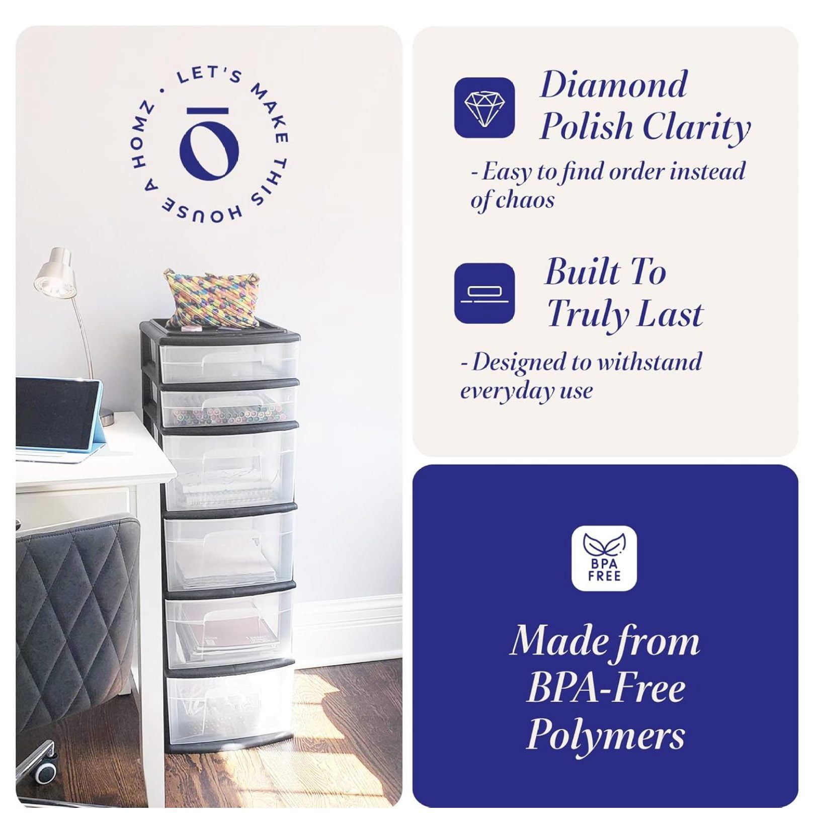 Drawer Tower, 6-Tier Clear Plastic Storage Organizer Cart, Black Frame - Heavy-Duty Organizing Drawers for Home, Bedroom, and Closet Organization