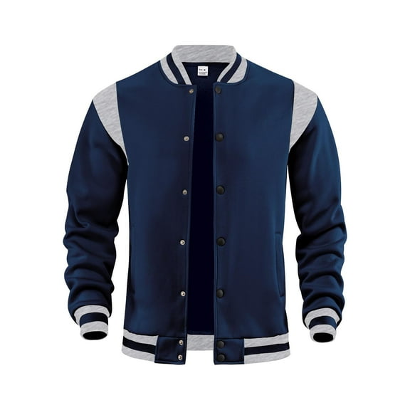 KeShDi Bomber Jacket Mens Fleece Jacket Men's Solid Colors Casual Zipper Cardigan Standing Collar Long Sleeve Pocket Exercise HoodieCoat Navy L