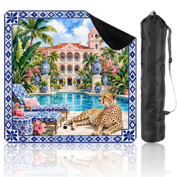 Mahjong Mat 31.5" x 31.5" Luxury Tropical Villa Palm Trees Pool Cheetah Non-Slip Noise Reduction Mahjong Accessories Gifts for Board and Tile Games