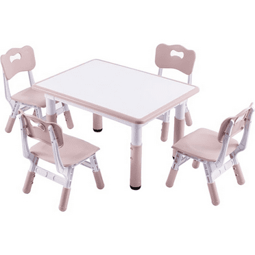 Height-Adjustable Kids Table and 4 Chairs Set, Toddler Table and Chair Set with Graffiti Desktop, 31.5''L x 23.6''W Children Activity Table for Daycare, Classroom, Home
