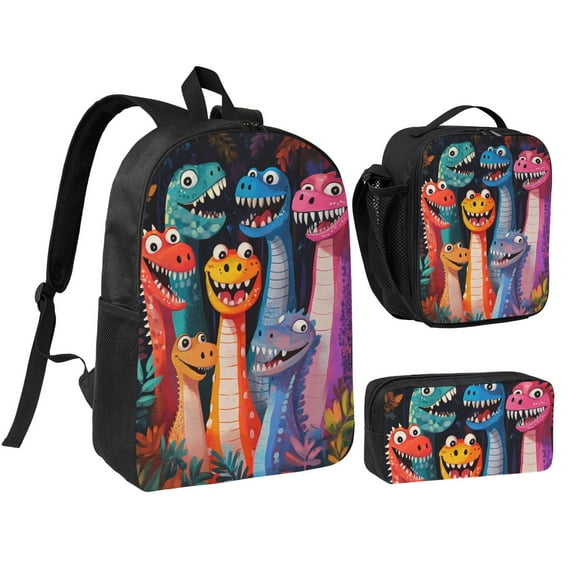 Cute Smiling Dino Backpack 17 Inch Set with Lunch Bag and CaseDurableTravel Bag Combo for Work Commuting Daily Use