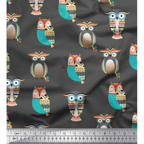 Soimoi Gray Georgette Viscose Fabric Owl Tribal Printed Fabric 1 Yard 42 Inch Wide