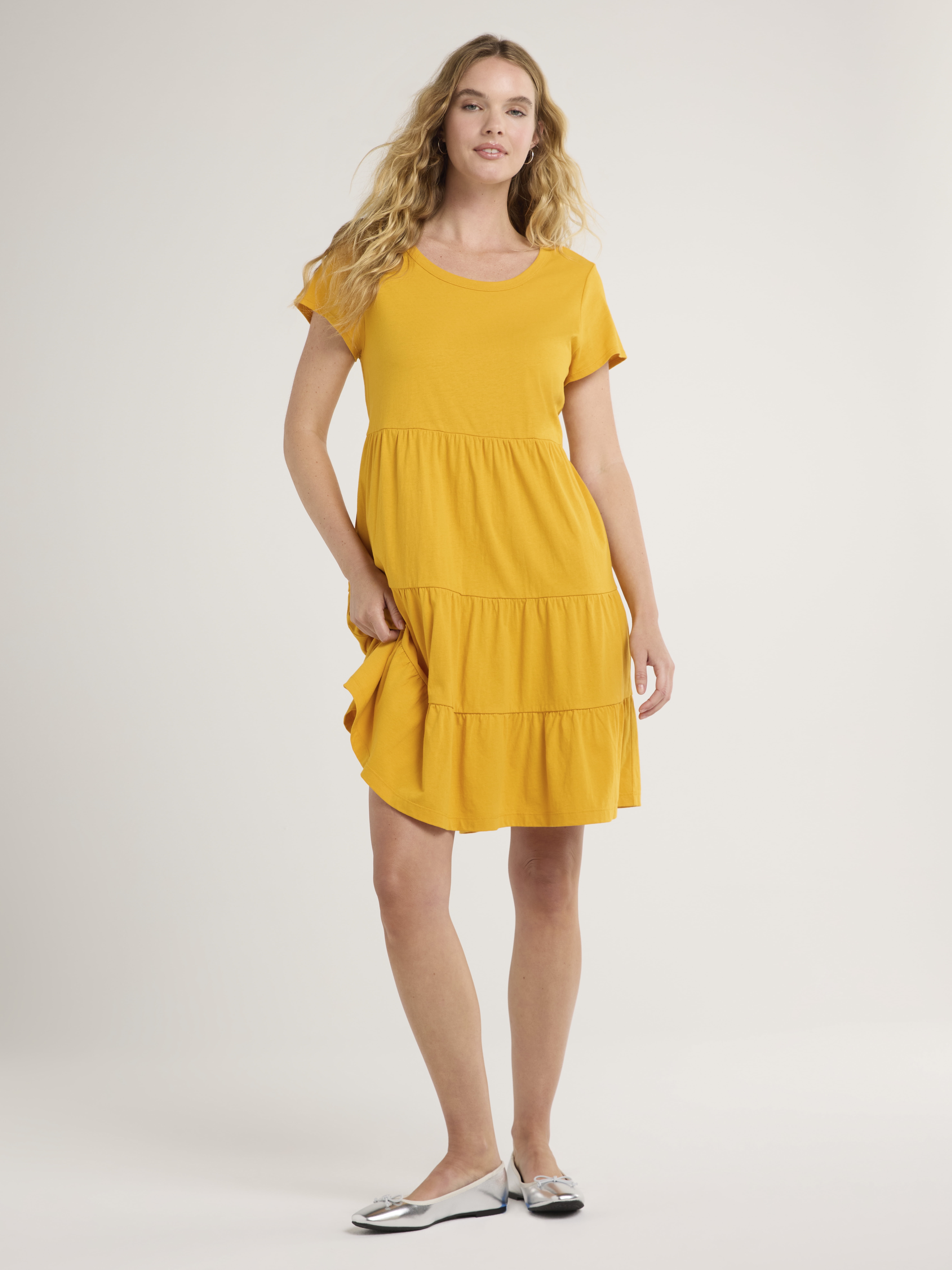time and tru women's tiered cotton poplin dress Time and Tru Women's Tiered Dress with Flutter Sleeves, Sizes Xs-xxxl