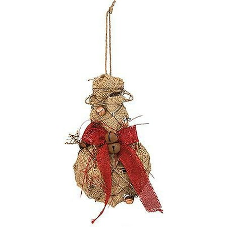 - BURLAP SNOWMAN Christmas Ornament with Jingle Bell & Twisted Twig Accents, 8