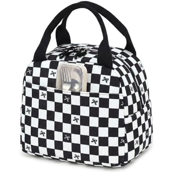Lunch Box for Women Insulated Lunch Bag Corduroy Lunch Tote Bags Leakproof Cooler Lunch Case for Travel Work Picnic (Black Checkered Bow)