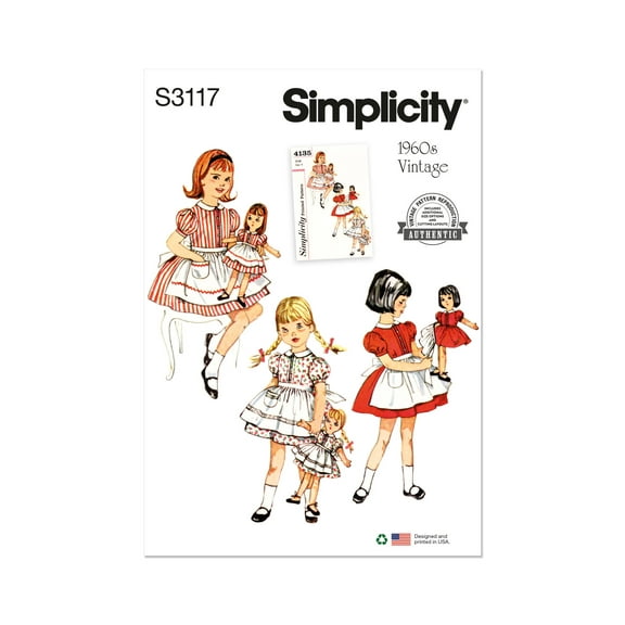 Simplicity Sewing Pattern 3117 - 1950s Children's Dress and Apron, Doll and Dolls' Dress and Apron, Size: A (2-6 / 21 1/2" Doll & Clothes)