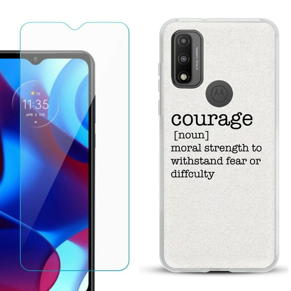 Slim-Fit Gel TPU Phone Case for Motorola Moto G Pure, with Tempered Glass Screen Protector, by OneToughShield ® - Dictionary/Courage