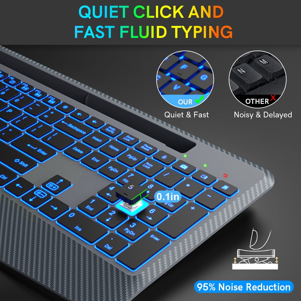 Wireless Keyboard with 7 Colored Backlits, Wrist Rest-Gray-Wagpak