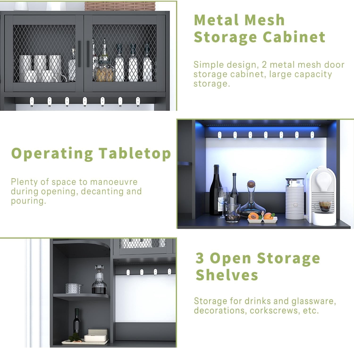 ChicZhiNest 67.3" Tall Coffee Wine Bar Cabinet with LED Lights and Power Outlet, Open Shelves, Modern Kitchen Pantry Cabinet with Trash Can Storage - 7 Hooks & Wine Glass Rack for Home (Black)
