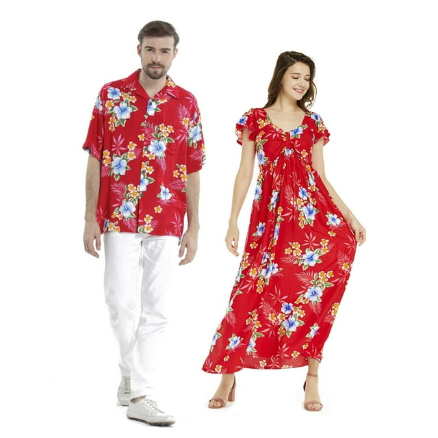 Couple Assorti Chemise Hawaïenne Luau Aloha Maxi Robe à Manches à Volants en Rouge Hibiscus S