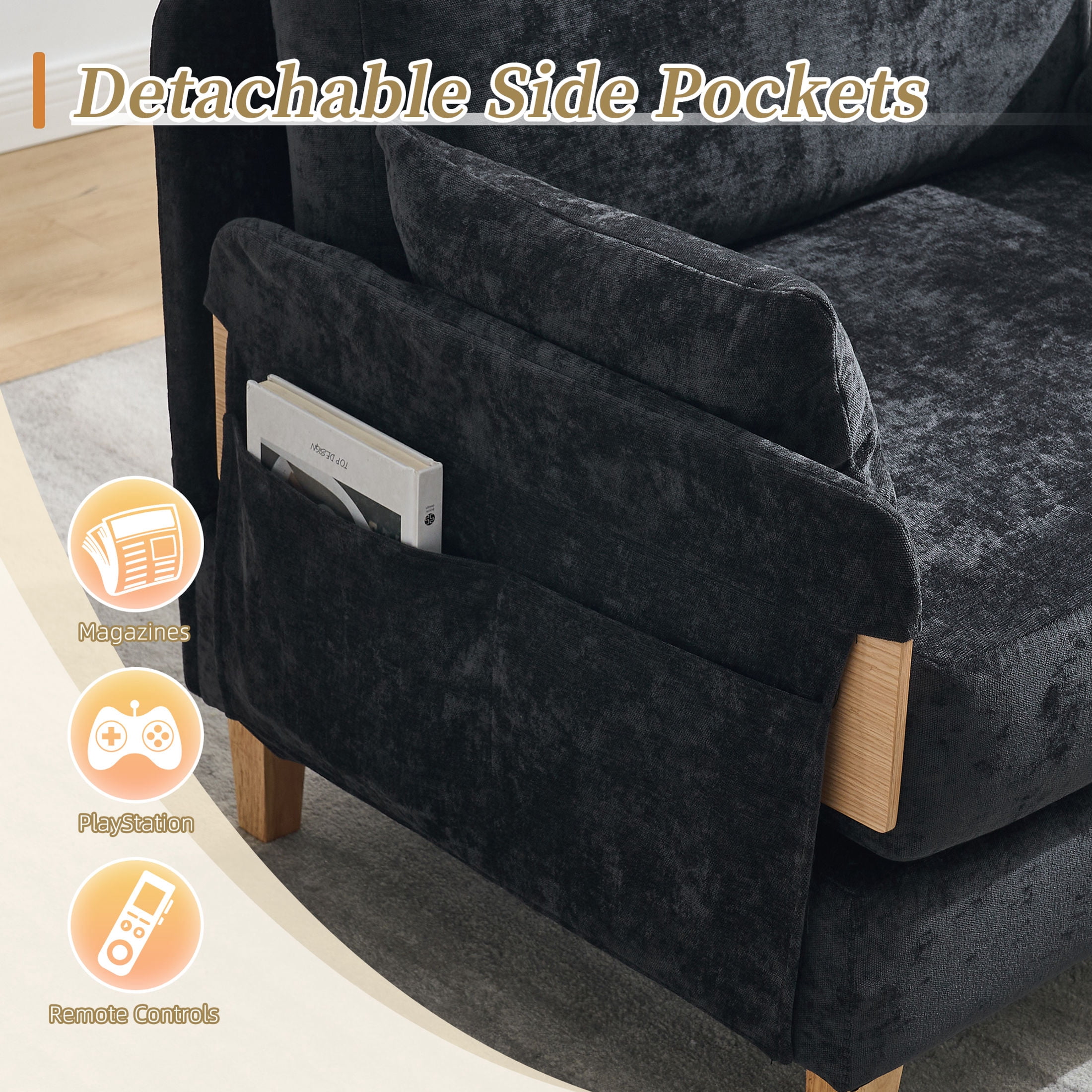 Noble House 3-in-1 Convertible Chenille Sofa Bed Chair, Foldable Sleeper Recliner with 3 Pillows, Black