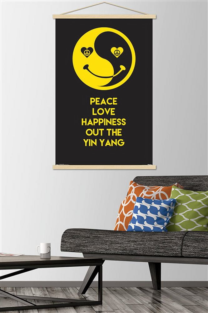 Peace Love Happy Wall Poster with Wooden Magnetic Frame, 22.375" x 34"