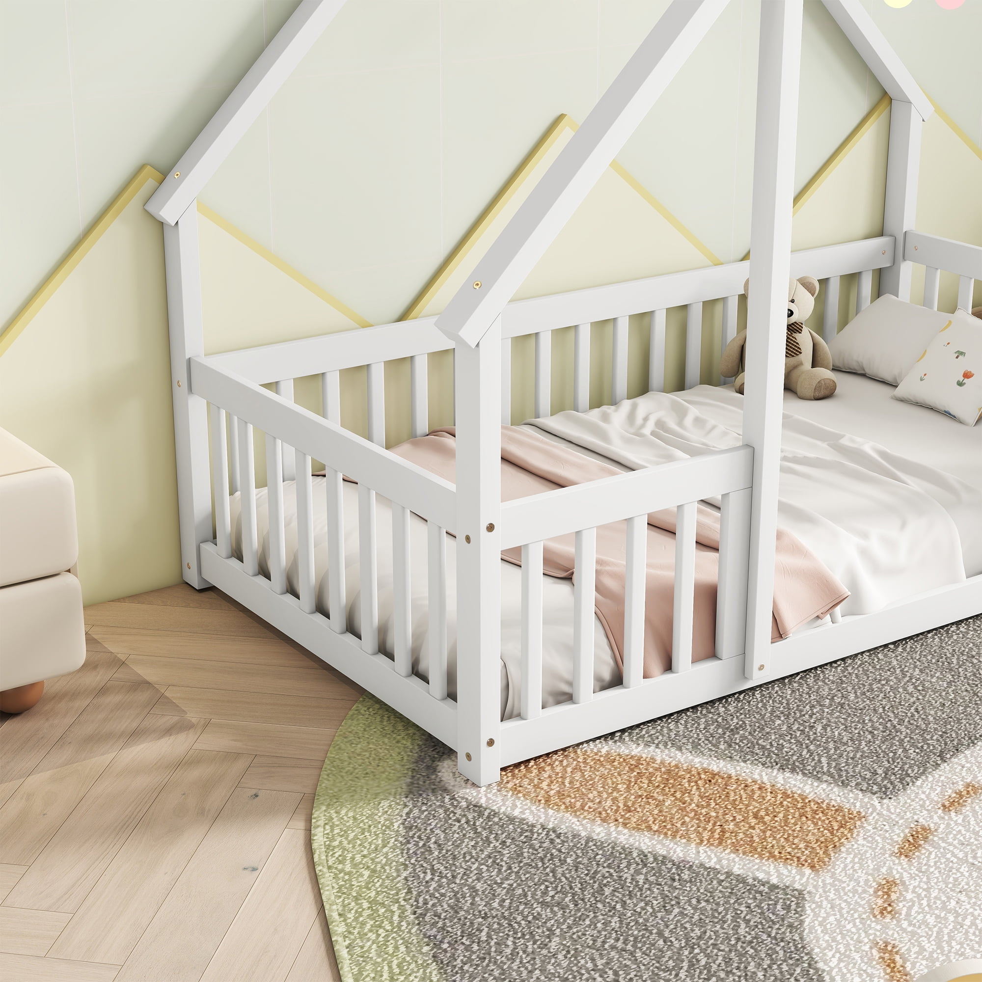 Miniyam Wood Twin Size Floor Bed with House-Shaped Design & Guardrails for Toddler, White