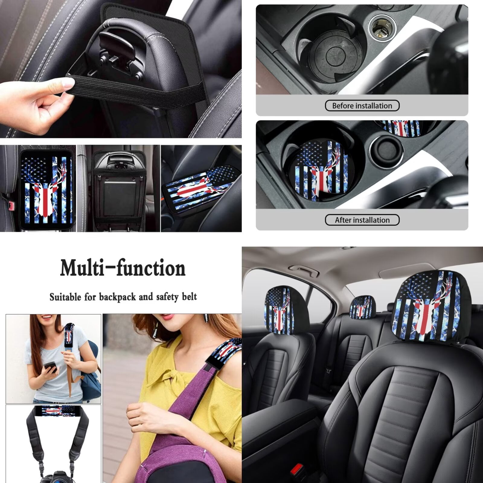 LedBack American Flag Car Seat Cover Full Set Deer Printed Steering Wheel Covers Armrest Pads Covers Waterproof Lipstick Holder Keychains Car Coaster Decorative Car Accessories Set, 15 Pieces