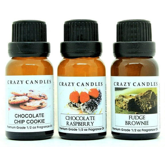 Crazy Candles 3 Bottle: 1 Chocolate Chip Cookie, 1 Chocolate Raspberry, 1 Fudge Brownie 1/2 FL Oz Each (15ml) Premium Grade Scented Fragrance Oil