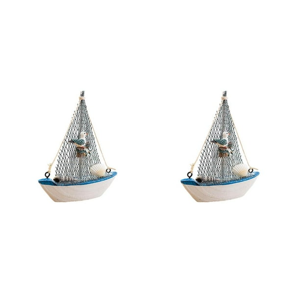 Moyic Mini barco de azul de náutica de estilo mediterráneo, adornos artesanales de madera, decoración del hogar para 14 aves marinas navegantes 2piezas