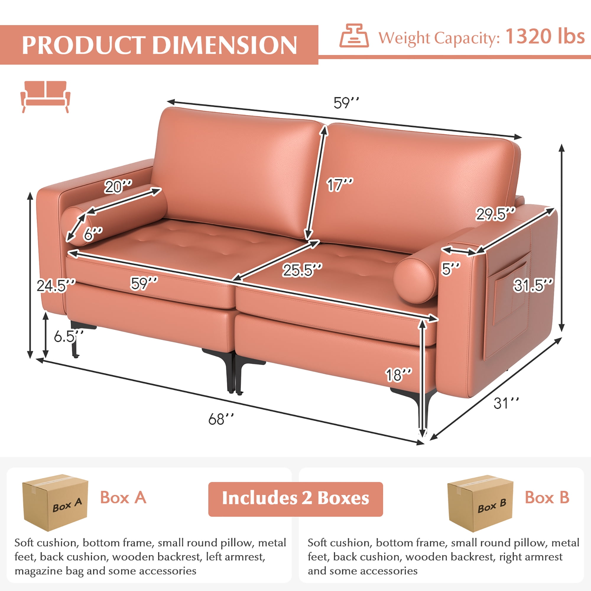 Costway Modern Loveseat 2-Seat Sofa Couch w/ 2 Bolsters Side Storage Pocket Coral Pink