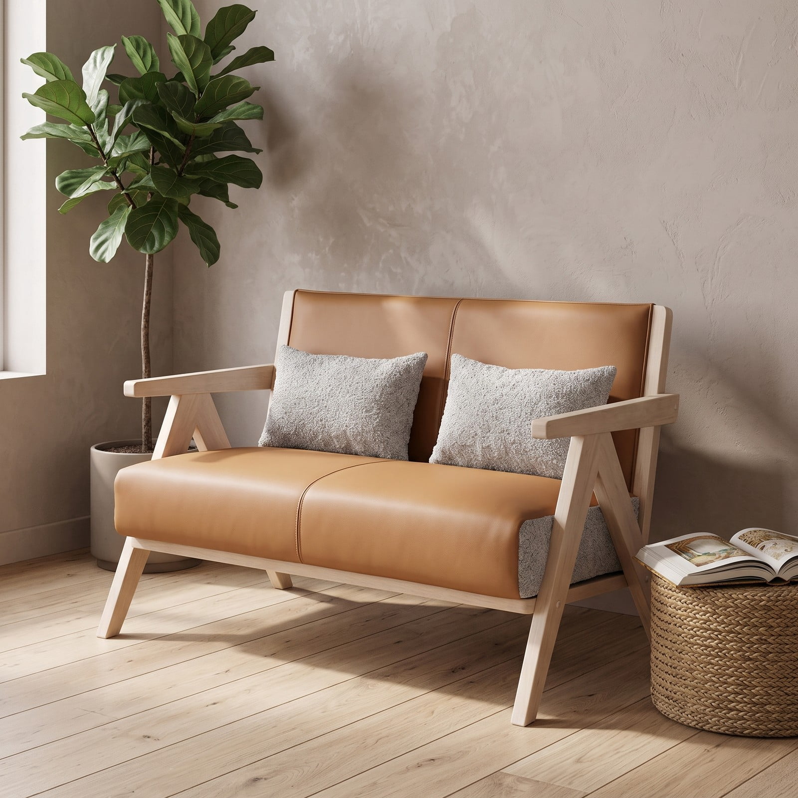 Furnibear Loveseat Sofa for Small Spaces, Modern 2-Seater Upholstered Chenille & Faux Leather Couch with 2 Throw Pillows, Rubber Wood Frame, Pocket Spring, Brown