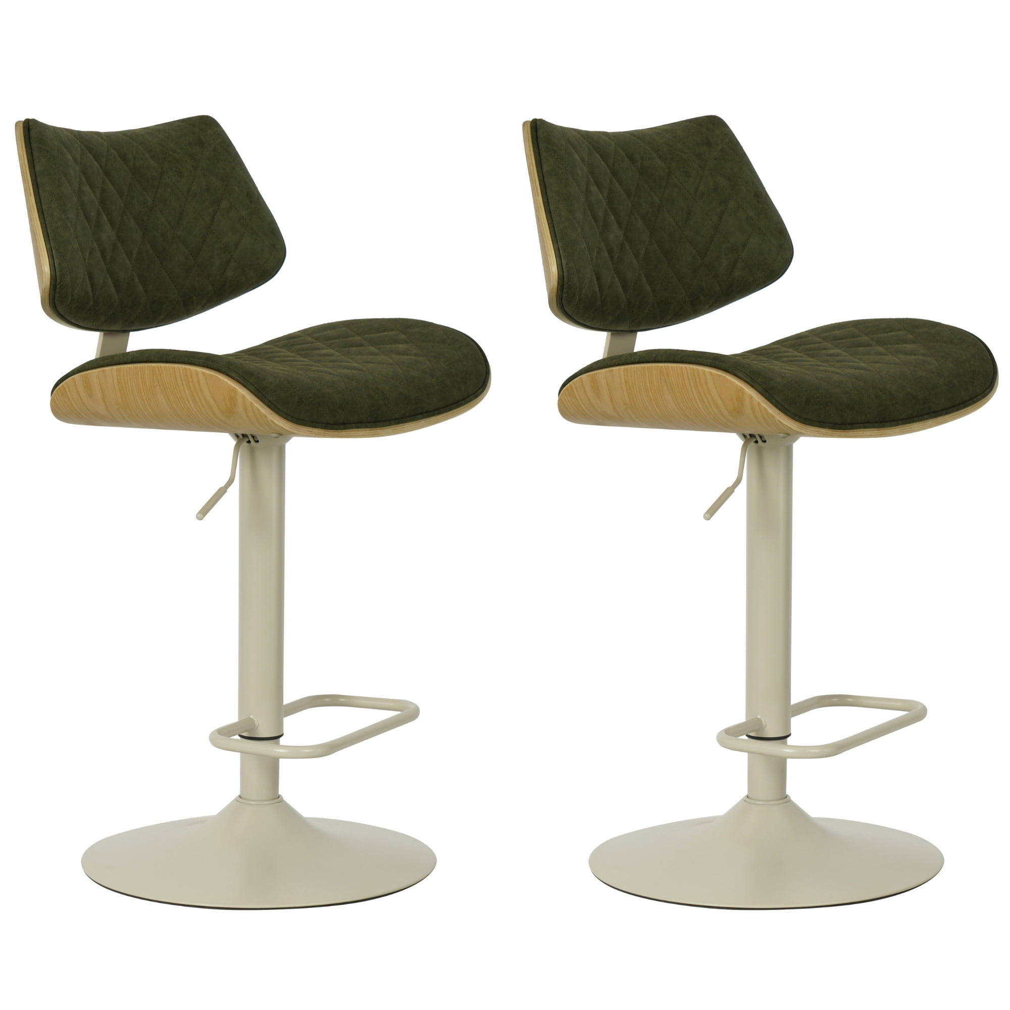 Leland Adjustable Swivel Vintage Green Curved Back Wood Bar Stool with Faux Leather Seat Set of 2