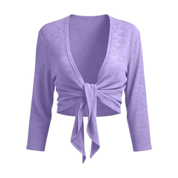JGGSPWM Women's Tie Front Shrug 3/4 Sleeve Cardigan Lightweight Summer Casual Solid Color Short Shawl Top Purple M
