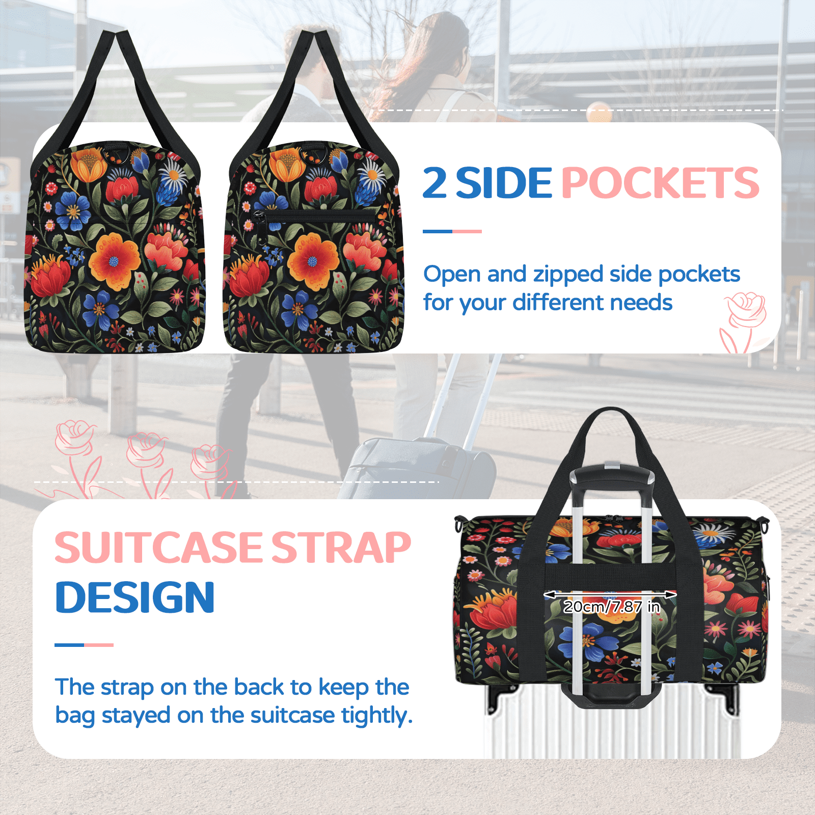Herdesigns Boho Floral Travel Duffle Bag Sports Yoga Weekender Overnight Carry on Workout Bags Lightweight Waterproof Gym Tote Bag for Women
