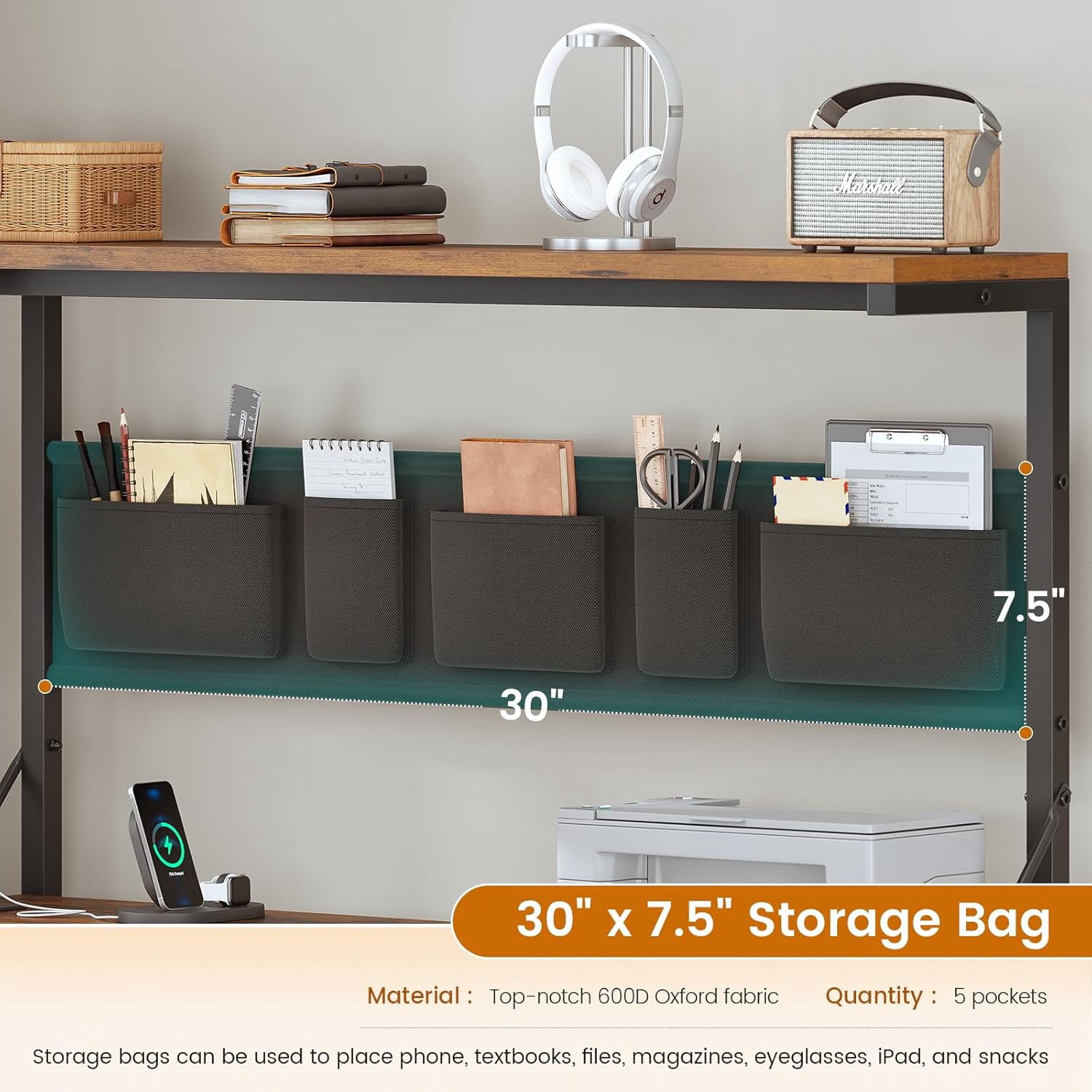 L Shaped Desk with 5 Fabric Drawers and Hutch, 47.2" Reversible Computer Desk with LED Lights for Home Office