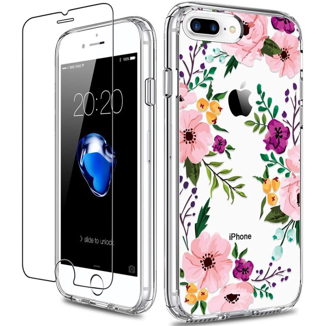 FYBTO iPhone 8 Plus Case, iPhone 7 Plus Case with Screen Protector, Clear Heavy Duty Protective Case Floral Girls Women Hard PC Case with TPU Bumper Cover Phone Case for iPhone 8 Plus, Small