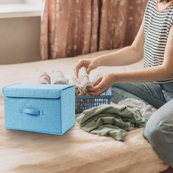SHENGXINY Fabric Storage Bin with Lid, Cotton and Linen Cloth Covered Storage Box for Bedding, Socks, Underwear, Toys, Miscellaneous Items Sky Blue 14.6x9.8x9.8in