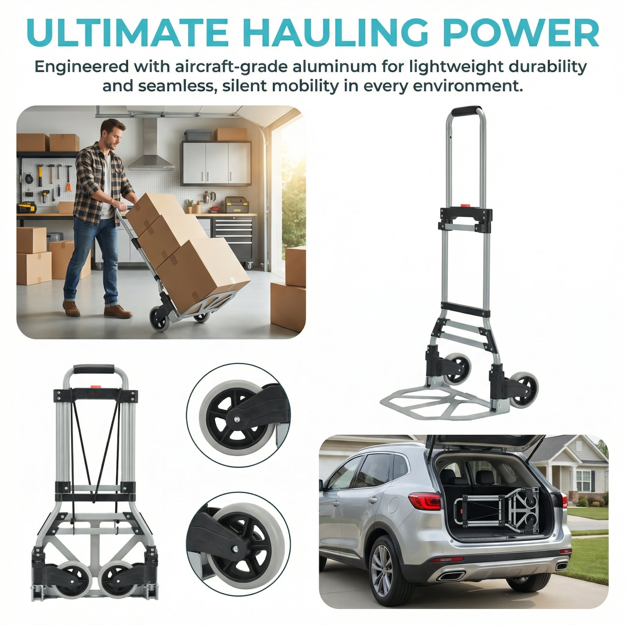 Takira Foldable Hand Cart, Portable Aluminum Luggage Cart with Telescopic Handle and Black Bungee Cord.