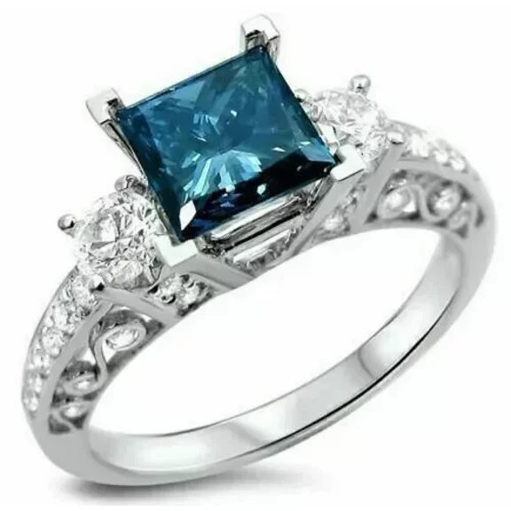 Lab-Created Princess Cut Three Stone Blue Diamond Engagement 925 Silver Ring