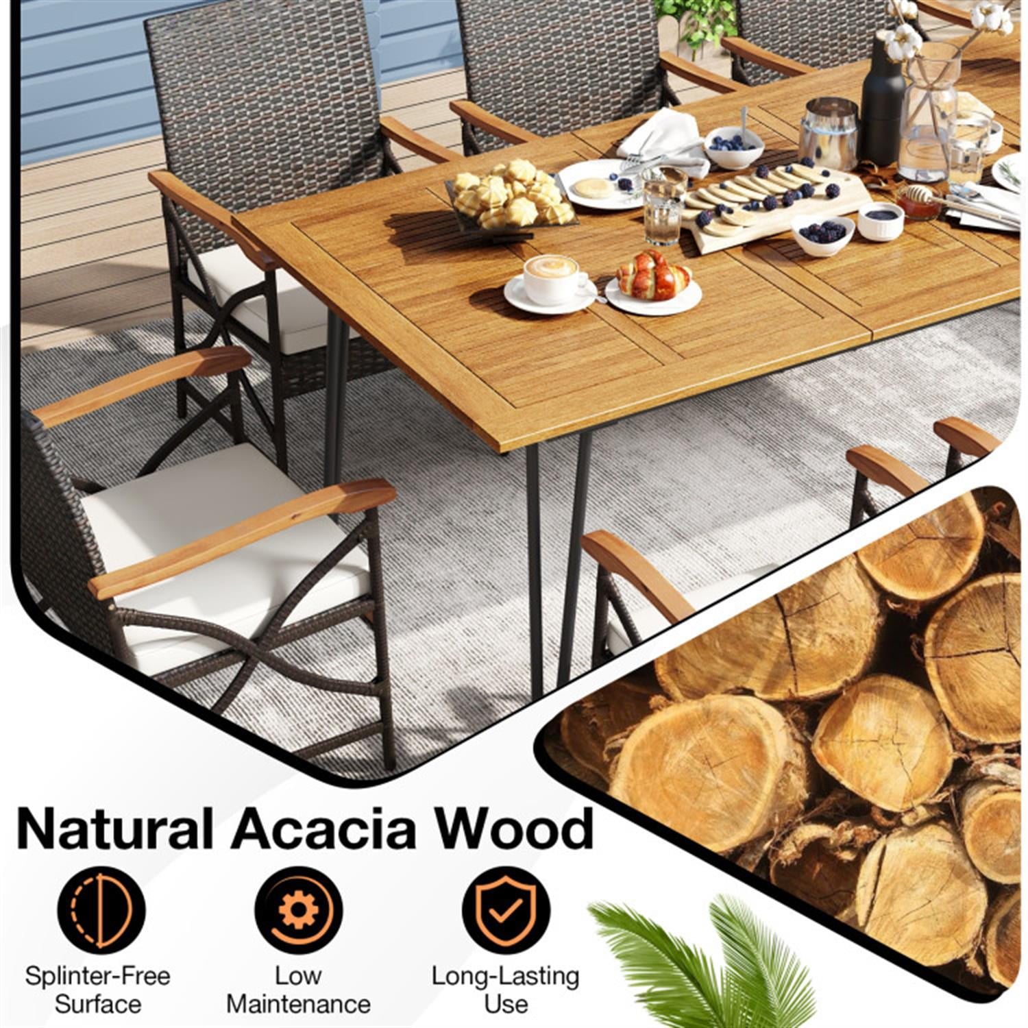 Demi Bonn 9 Pieces Patio Furniture Set with Wicker Armchairs, Soft Cushions and Acacia Wood Square Table, Conversation Dining for Garden Poolside Balcony, Brown-A