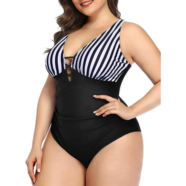 Yonique Women Plus Size One Piece Swimsuit Slimming Tummy Control Bathing  Suits Lace up Plunge V Neck Swimwear, Black & 