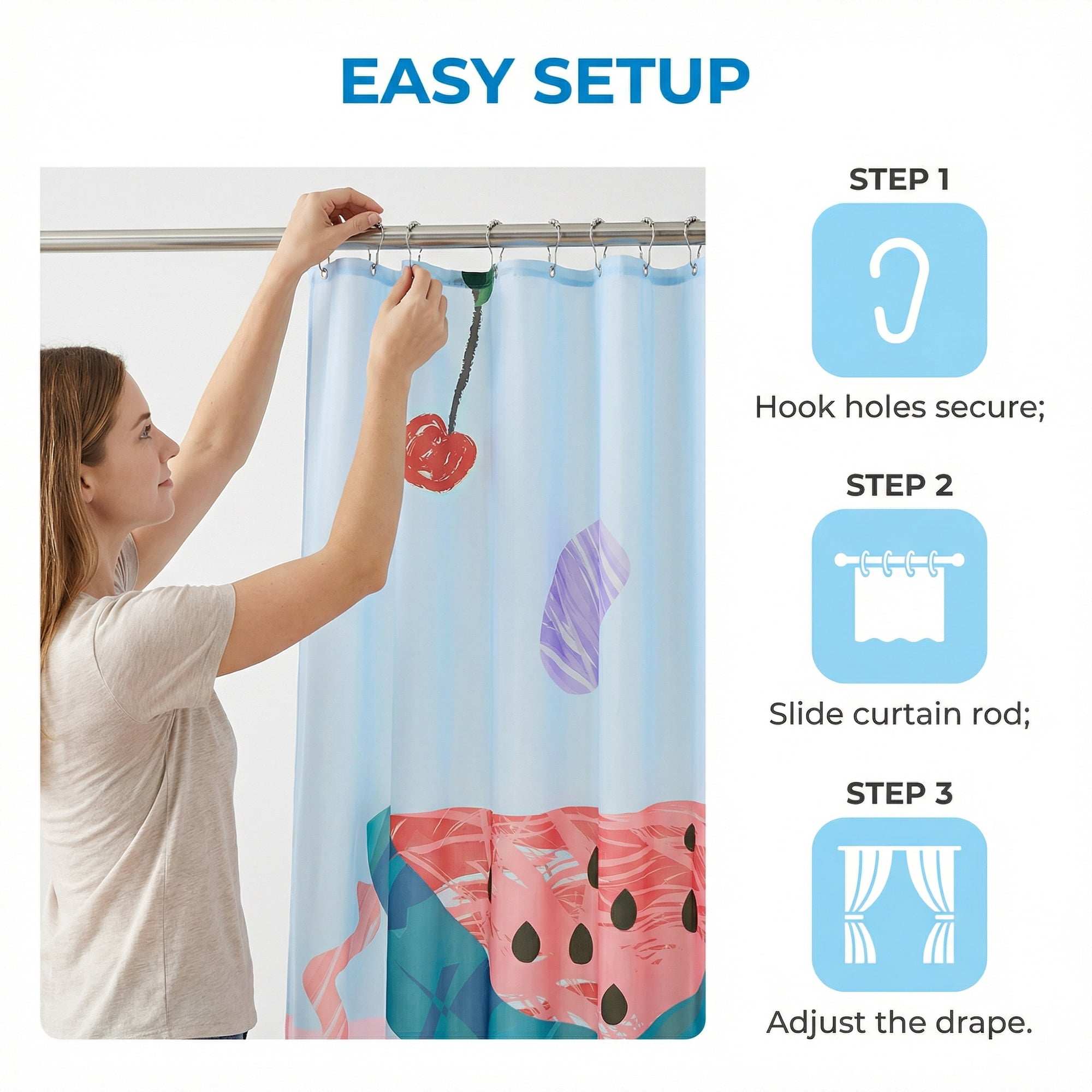 Unique Bargains Cute Print Shower Curtain Sets with Hooks Pink Watermelon 71"W x 71"L
