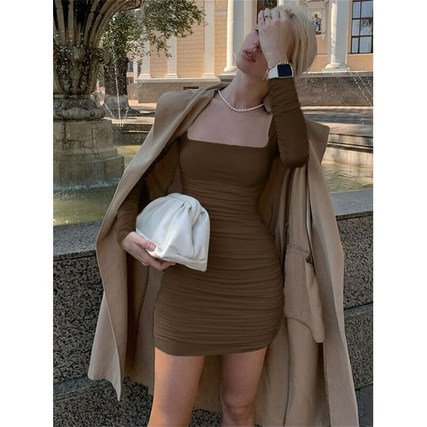 Side with Me Square Collar Long Sleeve Bodycon Sexy Mini Women Dresses 2022 Summer Party Club Elegant Folds Robe Dress for WomenL Gao Jinjia LED