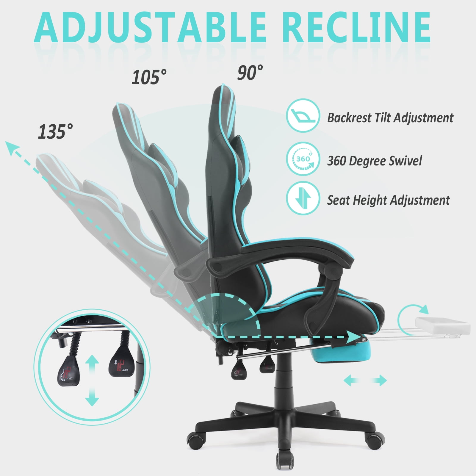 Luxvie Gaming Chair with Footrest High Back Computer Office Gamer Chair with Massage and Headrest Lumbar Support Swivel Seat Ergonomic Game Chair for Adults, NavyBlue