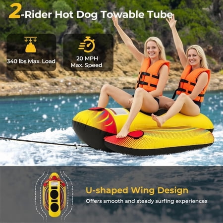 73Inch Inflatable Towable Tube Banana Boat for 2 Riders 340 lbs Capacity Heavy Duty 900D Nylon PVC Water Towable Tube with Foam Handles Boston Valves for Lake Ocean Water Sports Boating Yellow
