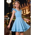 thumbnail image 4 of Lanbubble Girls Ruched Dresses Ruffle Sleeve Teens Tiered Swing A-line Light Blue Teen Dress 13-14 Years, 4 of 9