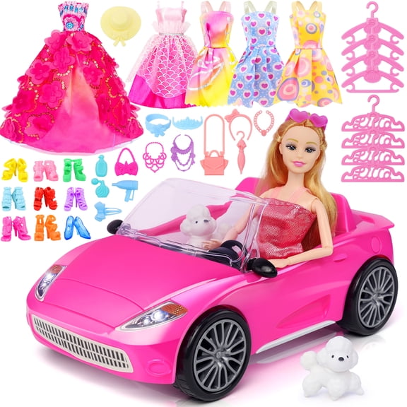 ECORELF 78 Pcs 11.5 inch Doll Rose Car Playset-11.5 inch Girl Doll, 1 Toy Car, 5 Dresses & 71 Accessories
