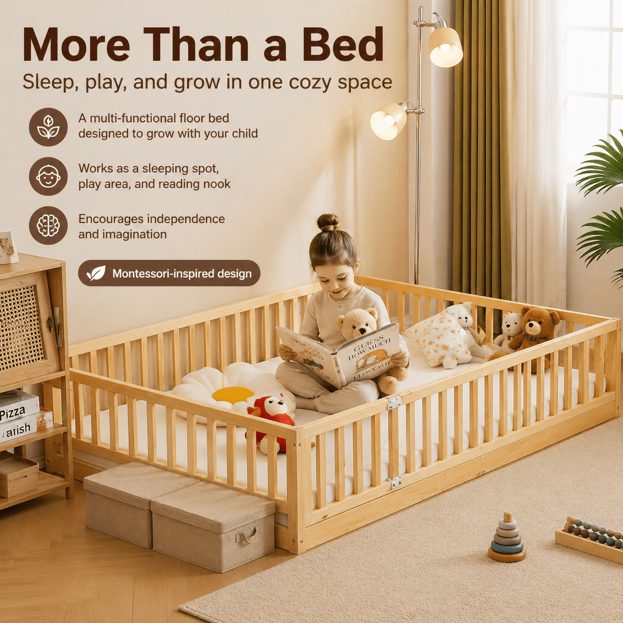 Zimtown Montessori Floor Bed Frame, Twin Size Bed with Fence and Door, Wooden Platform Bed, Natural Color