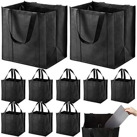 Set of 10 Reusable Grocery Bags Heavy Duty Shopping Bags Large Grocery Totes with Reinforced Bottom Super Sturdy Handles, Black