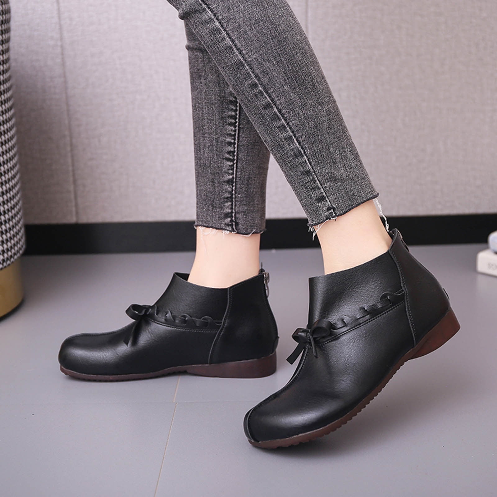 Vintage Ladies Casual Ankle Boots Wide Fit Faux Leather Flat Shoes Winter  Warm Snow Boots Classic Zipper Work Walking Shoes Sale Clearance US Size 4  5