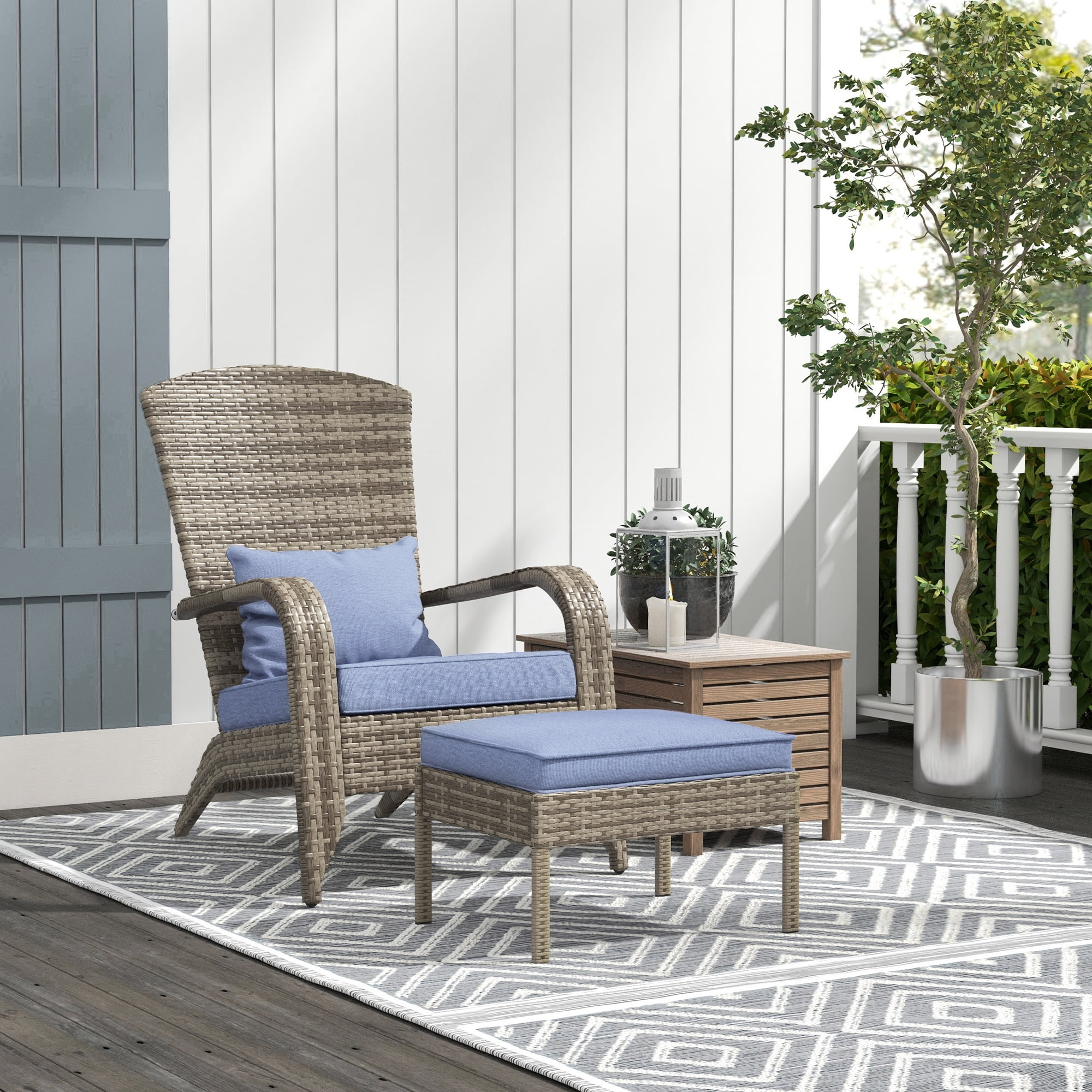 Comfortable,Soft Upholstered Cushions and Footstools,Patio Wicker Adirondack Chair with Ottoman,Outdoor Fire Pit Chair with Cushions, High-Back,Large Seat & Armrests for Deck,Garden & Backyard,Gray
