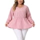thumbnail image 1 of GRACE & GRANDEUR Blusas de Talla Grande para Mujeres, Top de Manga Larga con Escote en V, Top Peplum con Cintura Elástica Rizada, Día de San Valentín 1X Rosa, 1 of 6