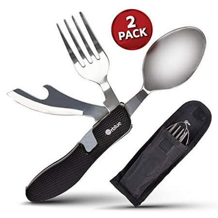 Comp Fork - Orblue 4-in-1 Camping Utensils - Portable Stainless-Steel Spoon, Fork, Knife and Can / Bottle Opener with Case 2-pack