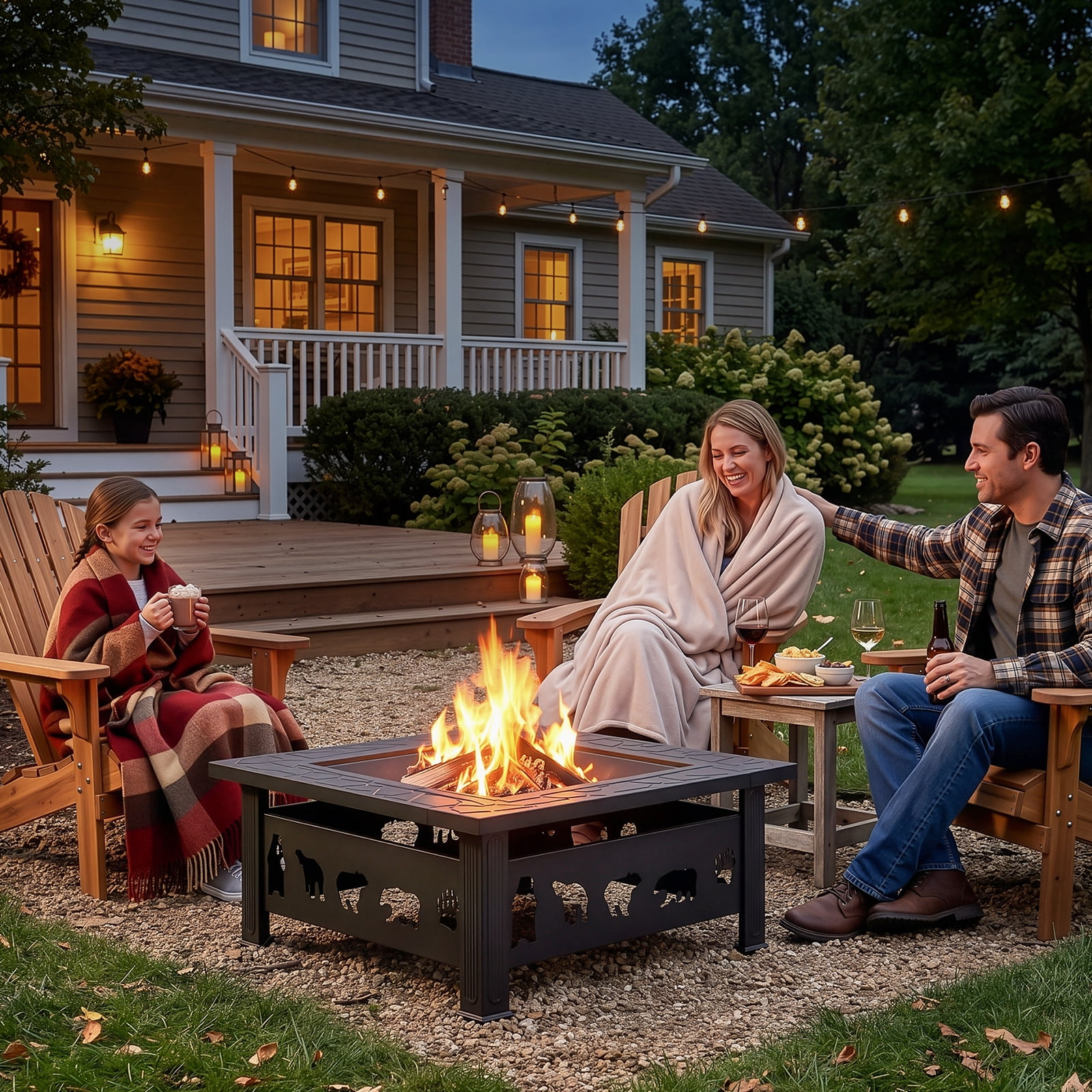 32 Inch Square Outdoor Wood Burning Fire Pit Table, Heavy Duty Wrought Iron Firepit with Pyramid Spark Screen Lid & Fire Poker, Decorative Bear Cutout Patio Fire Pit for Backyard, Garden, Lawn