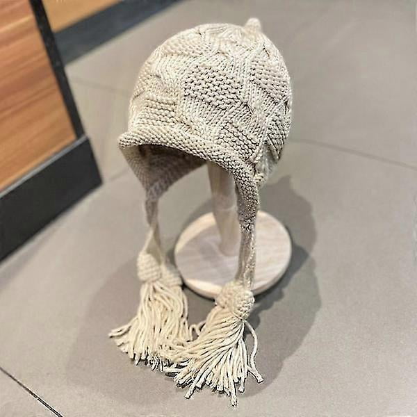 Handmade Knitted Beanies with Fringes for Women, Fashionable Warm Winter Hat with Ear Protection, Skullies Melon Cap, Outdoor Ski Hat