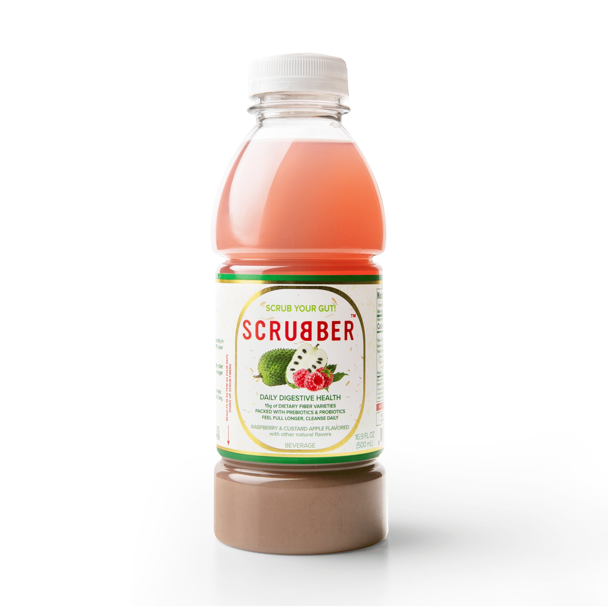 Scrubber Fiber-Infused Fruit Juice w/ Probiotics + Prebiotics for Daily Digestive Health, Immune Support, Regularity & Weight. 16.9 OZ Natural Beverage, Raspberry & Custard Apple, 12-Pack